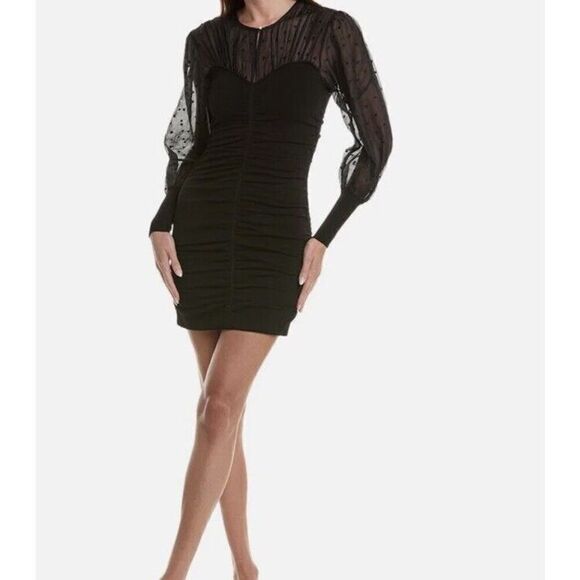 Sandro Black Organza and Rib Knit Ruched Bustier Effect Mini Dress Small NWT